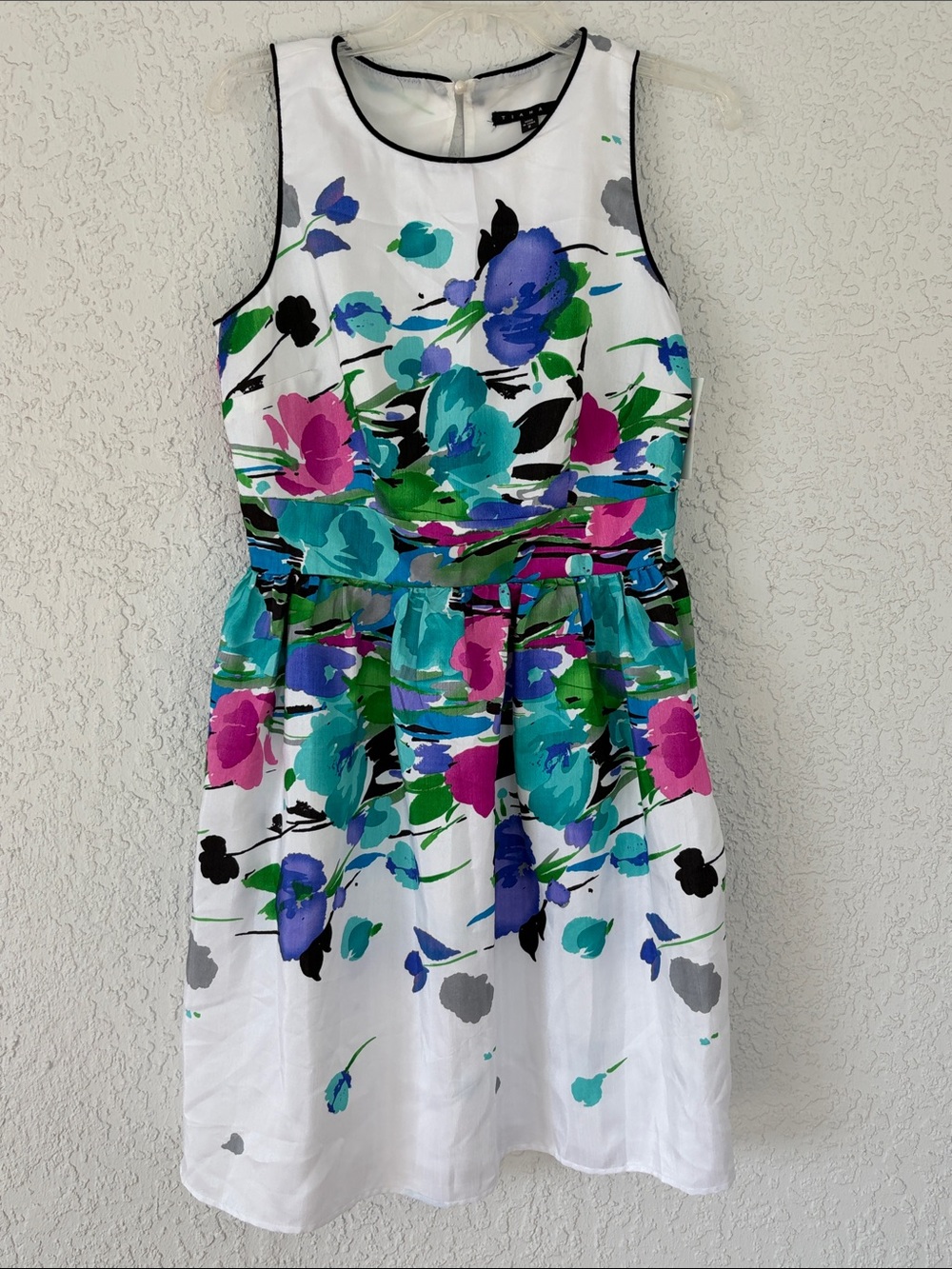 Tiana B. colorful structured a-line floral dress with Black Trim size 8